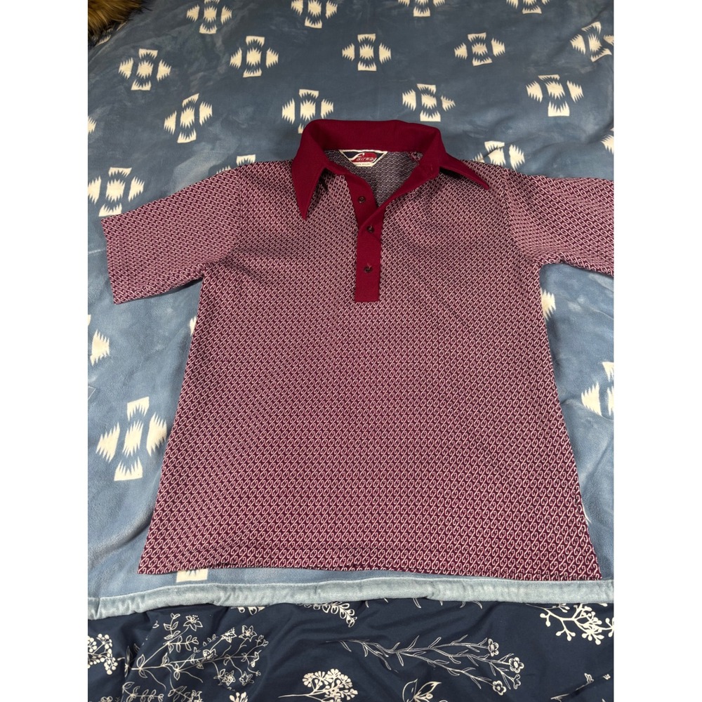 Vintage Fairway Mens XL Burgundy Geometric Chain Link Nylon Polo Shirt 70s Retro